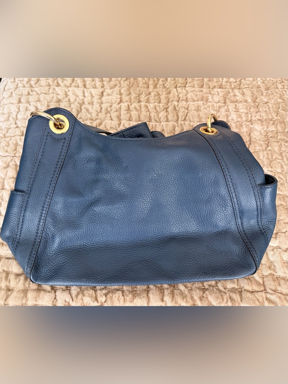 Michael Kors Navy Pebbled Leather Drawstring Shoulder Tote with Gold Hardware - Picture 2 of 6